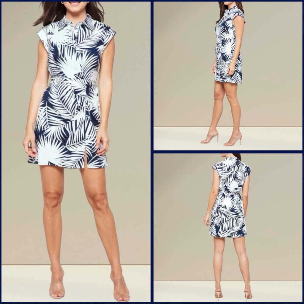 MILLY Maxwell Palm Print Poplin Dress Navy Blue & White Size 12